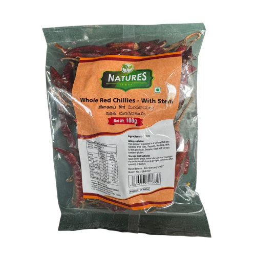 NATURES WHOLE RED CHILLI WITH STEM 100G