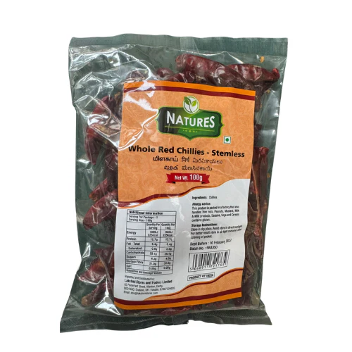 NATURES WHOLE RED CHILLI STEMLESS 100G